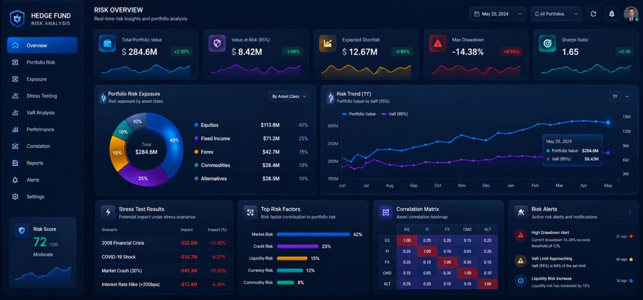 Hedge fund risk analysis dashboard showing VaR metrics and forex position sizing tools