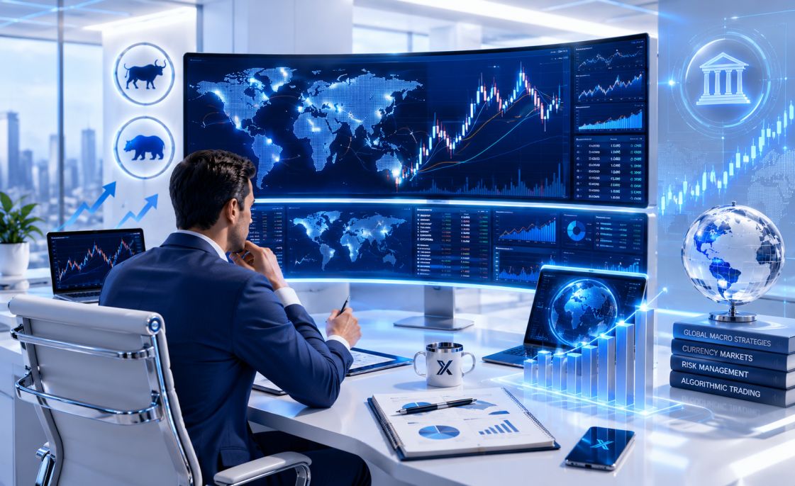 Hedge fund traders analyzing global forex market data across multiple monitors