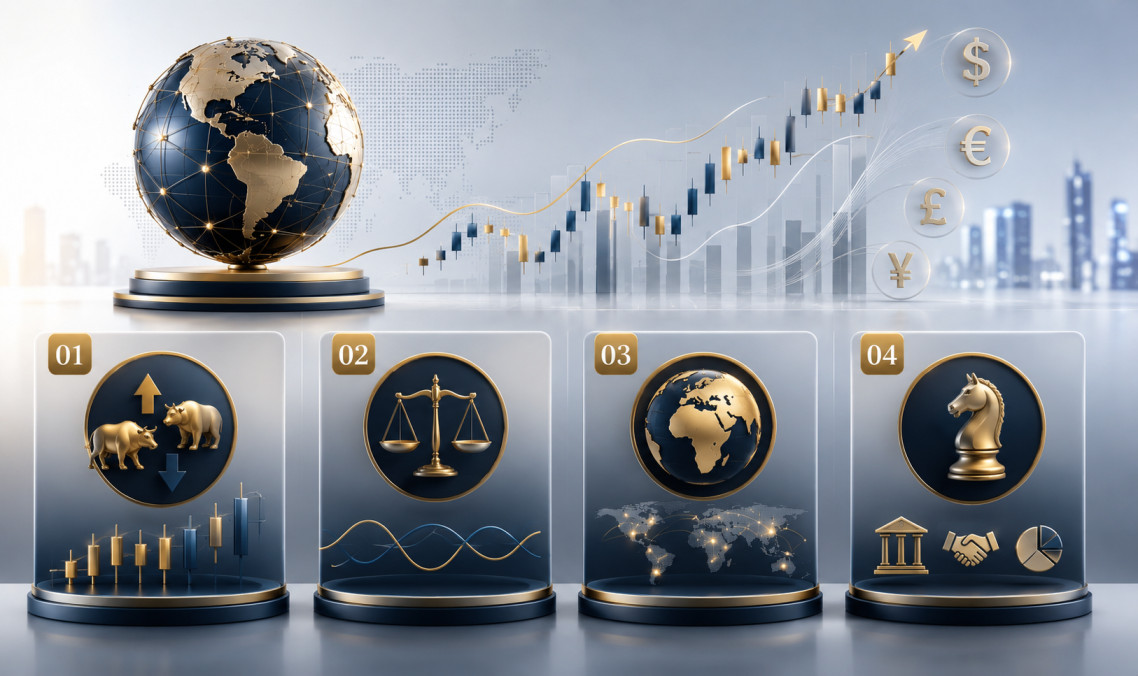 Global macro trading concept — world markets currency flows and hedging strategies