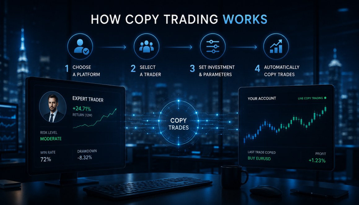 How copy trading platforms work — live dashboard view mirroring expert trades