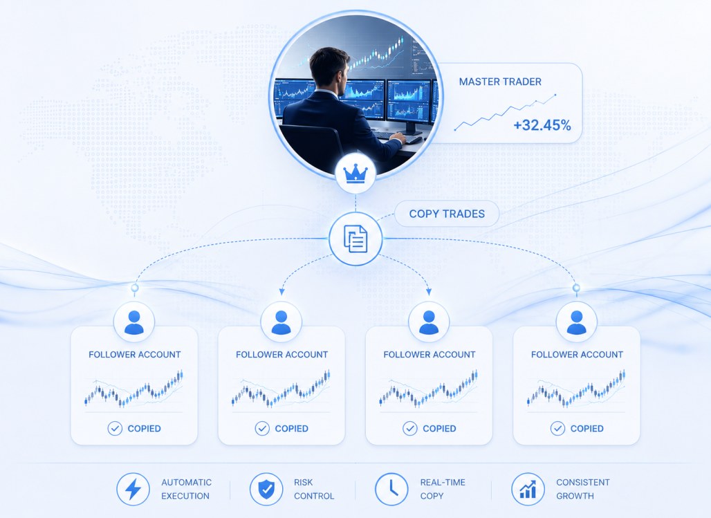How does copy trading work — forex trader monitoring automated signals on multiple screens