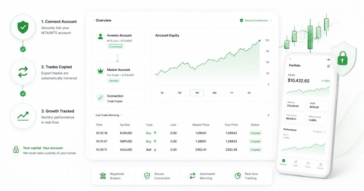 MT4 and MT5 account connection interface for managed forex copy trading