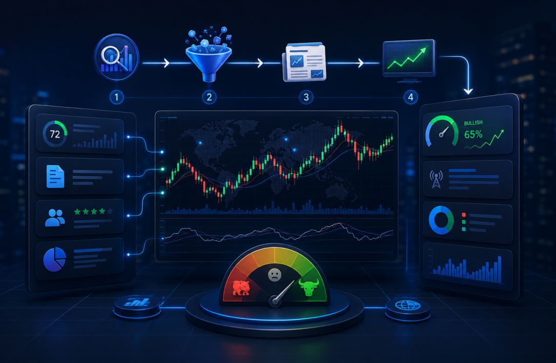 Step-by-step visualization of how forex sentiment analysis layers COT reports, price action, and news data
