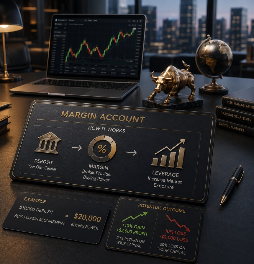 Leverage concept visual showing balance scales with currency and capital weights representing buying power