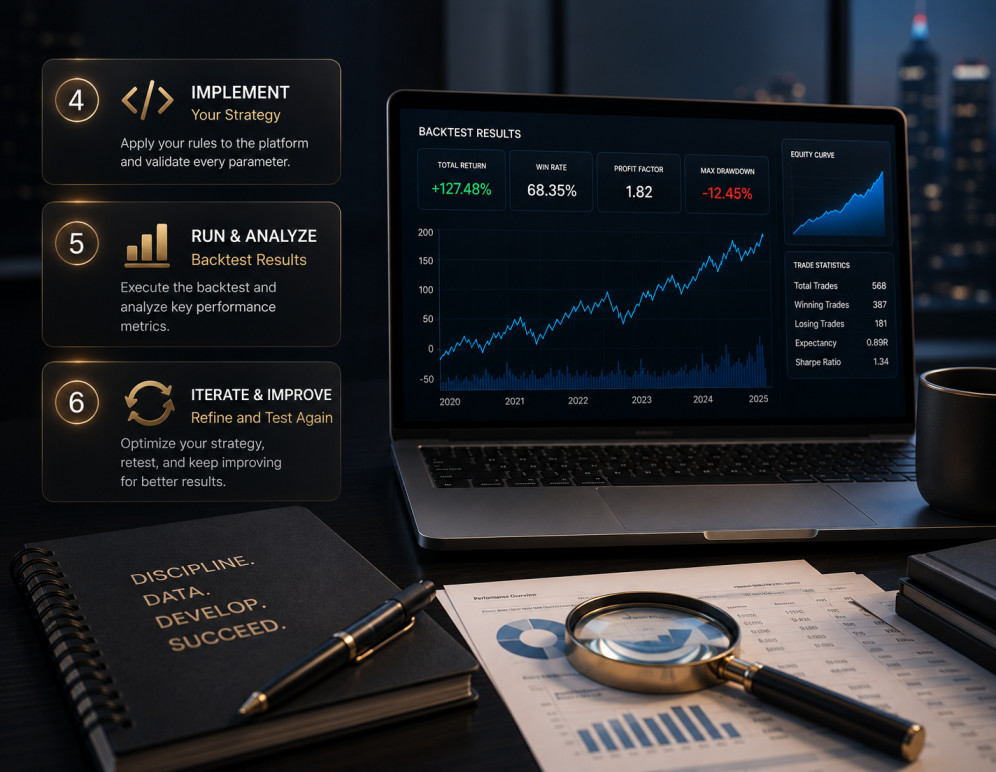 Forex platform showing strategy backtest results and analytics — steps 4 to 6