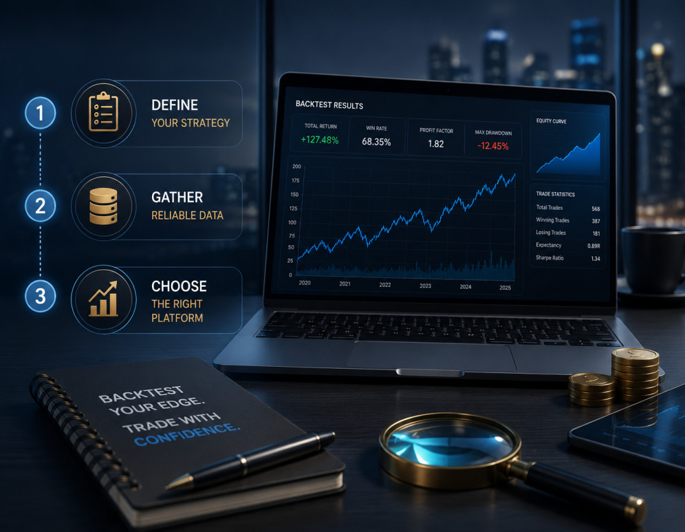 Trader reviewing historical forex data on screen for backtesting steps 1 to 3