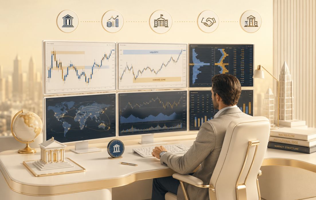 Institutional forex trader analyzing big boy market structure on multiple screens