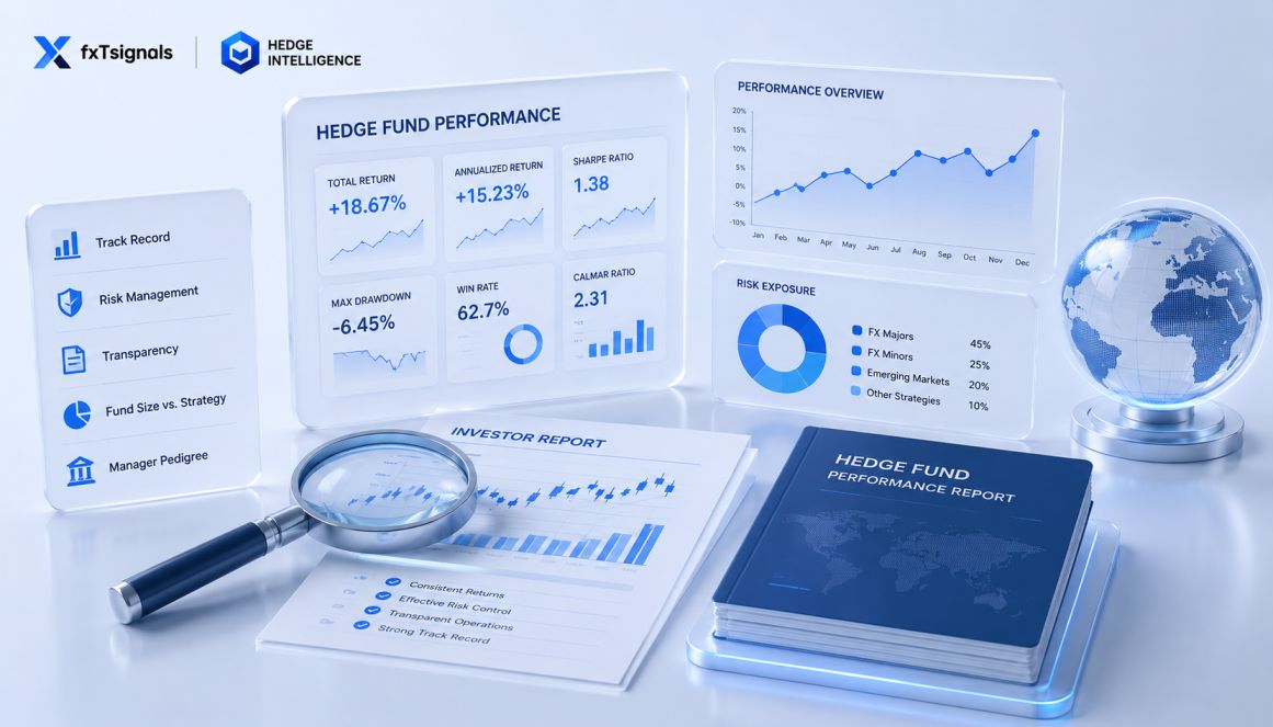 Investor reviewing forex hedge fund performance data and due diligence reports