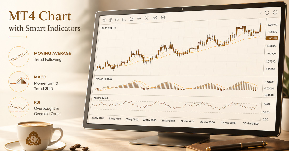 MT4 chart displaying MACD, RSI, and moving average indicators applied to a forex pair