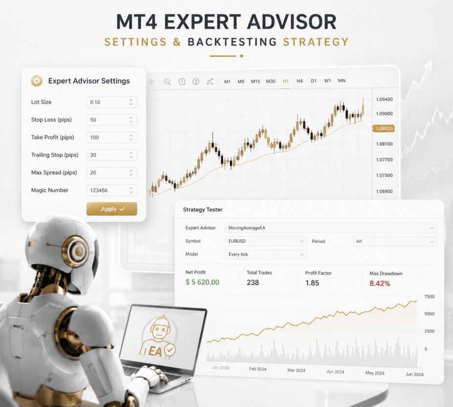 MT4 Expert Advisor configuration panel and Strategy Tester backtesting results