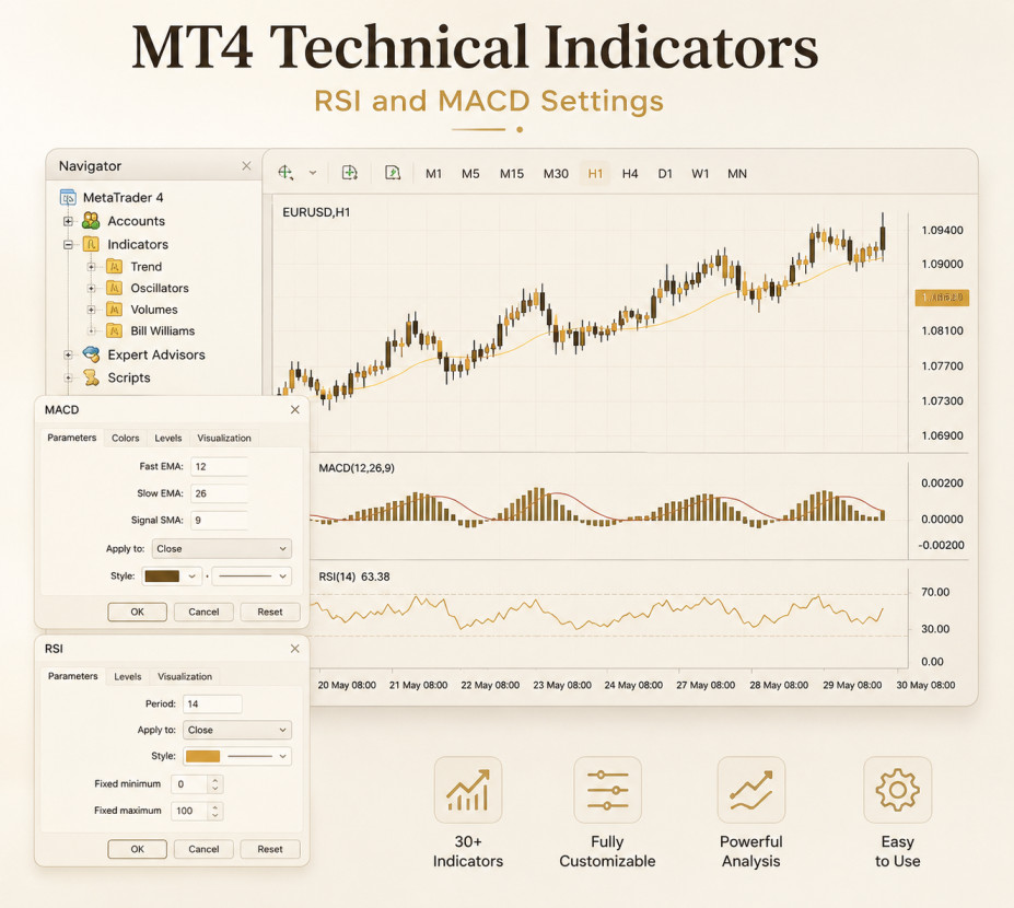 MT4 technical indicators settings panel showing RSI and MACD configuration options