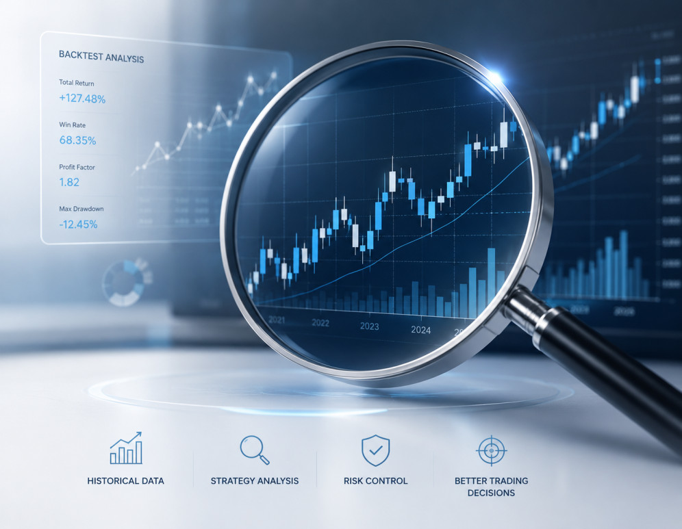 Magnifying glass over forex trading chart analysis — evaluating strategy