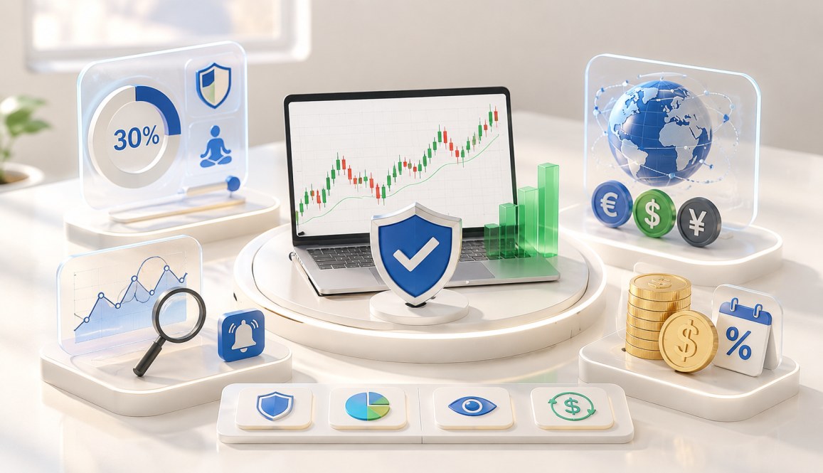 Forex trader planning risk management strategy at trading desk with charts and position sizing tools
