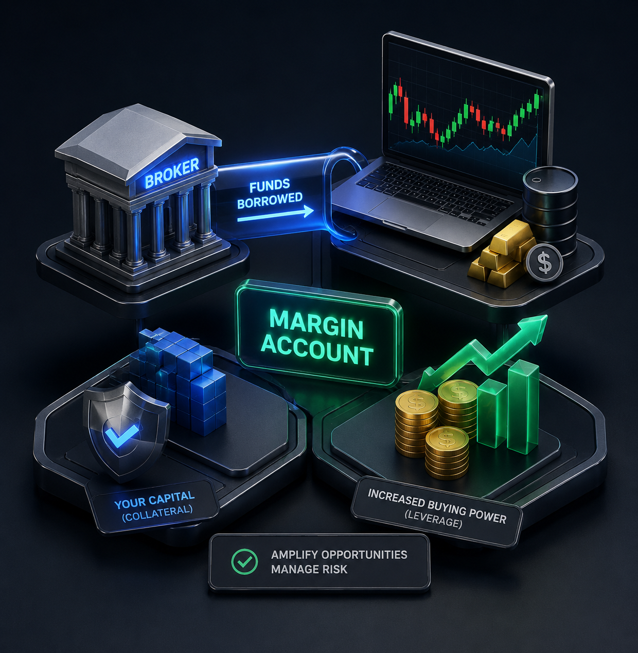 Investor reviewing margin account dashboard on laptop showing leveraged position sizes