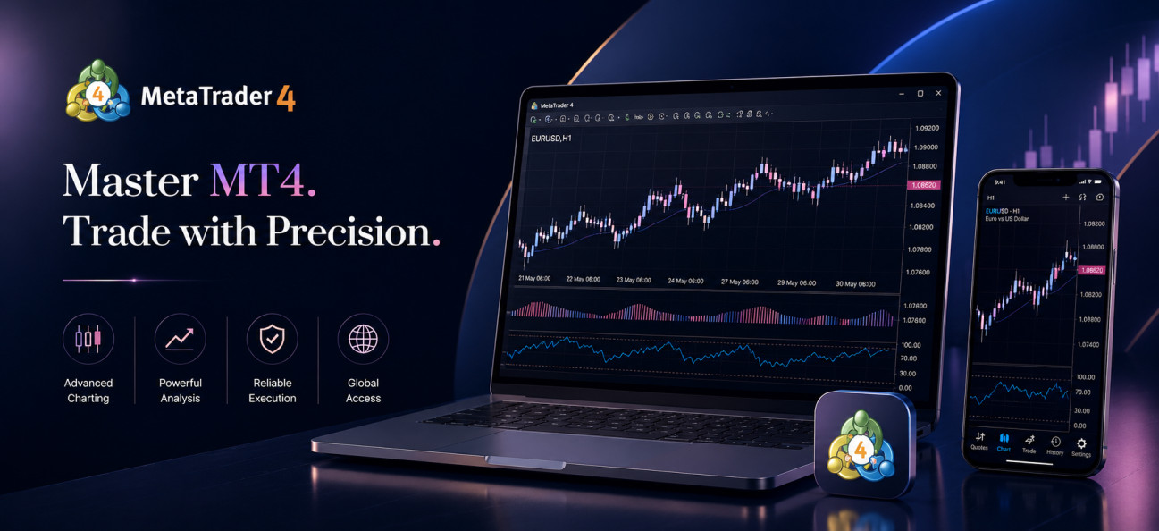 MetaTrader 4 platform displayed on desktop monitor and mobile device