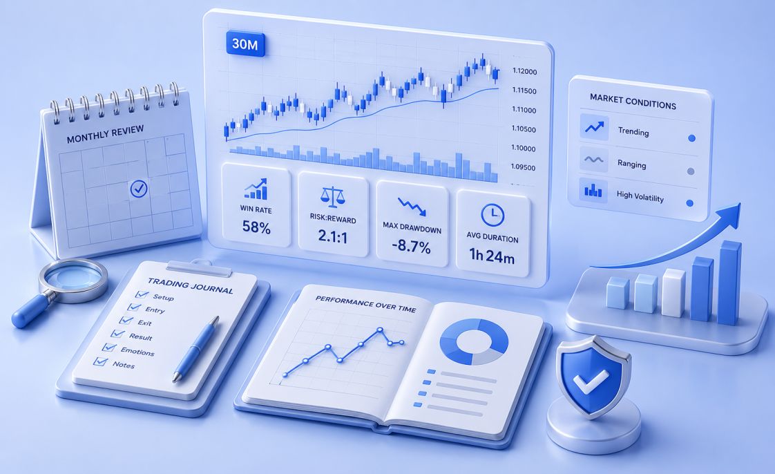 Monitoring and refining your 30-minute forex strategy — trading journal review showing performance metrics, win rate and drawdown analysis