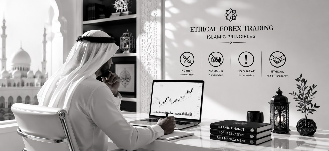 Muslim traders reviewing ethical forex trading principles and Islamic finance guidelines