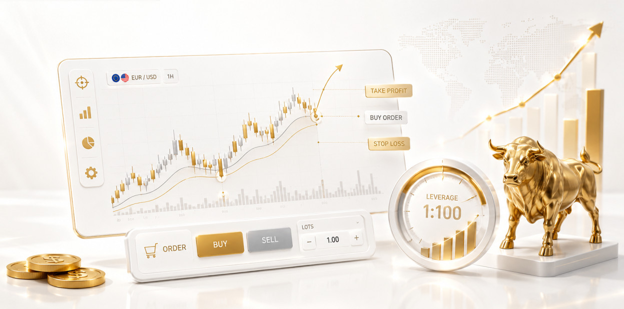 Professional forex trading dashboard showing order types, trade execution panels and leverage management on MT4/MT5 platform