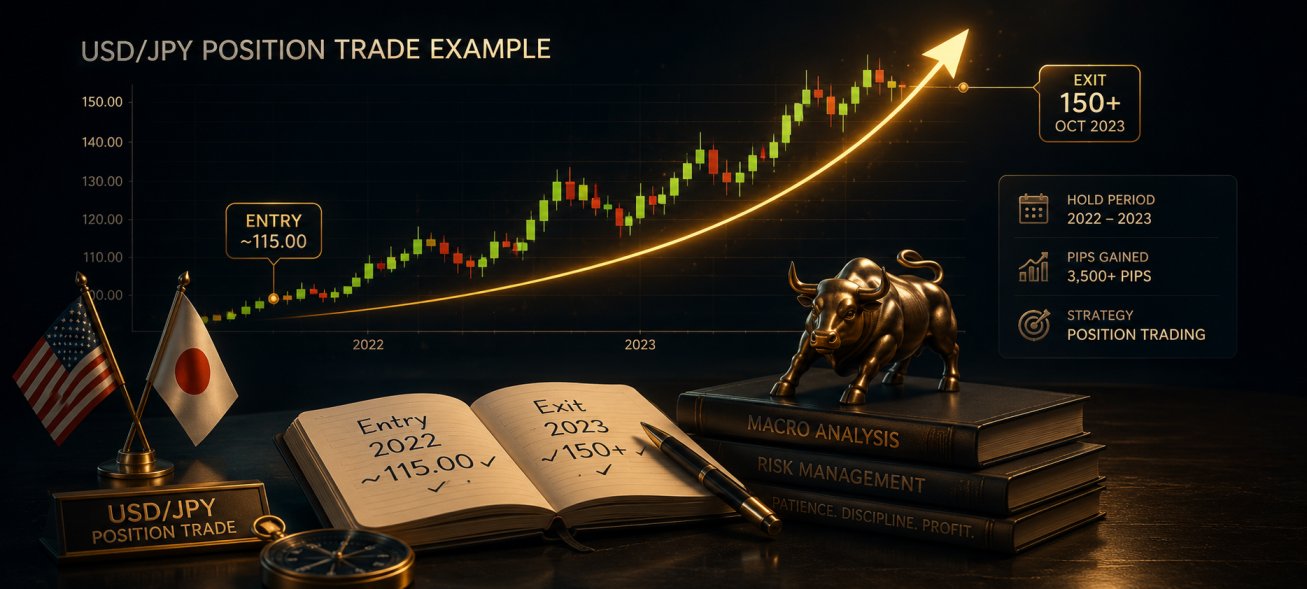 USD/JPY forex chart showing 2022-2023 position trading example — 3500 pip move