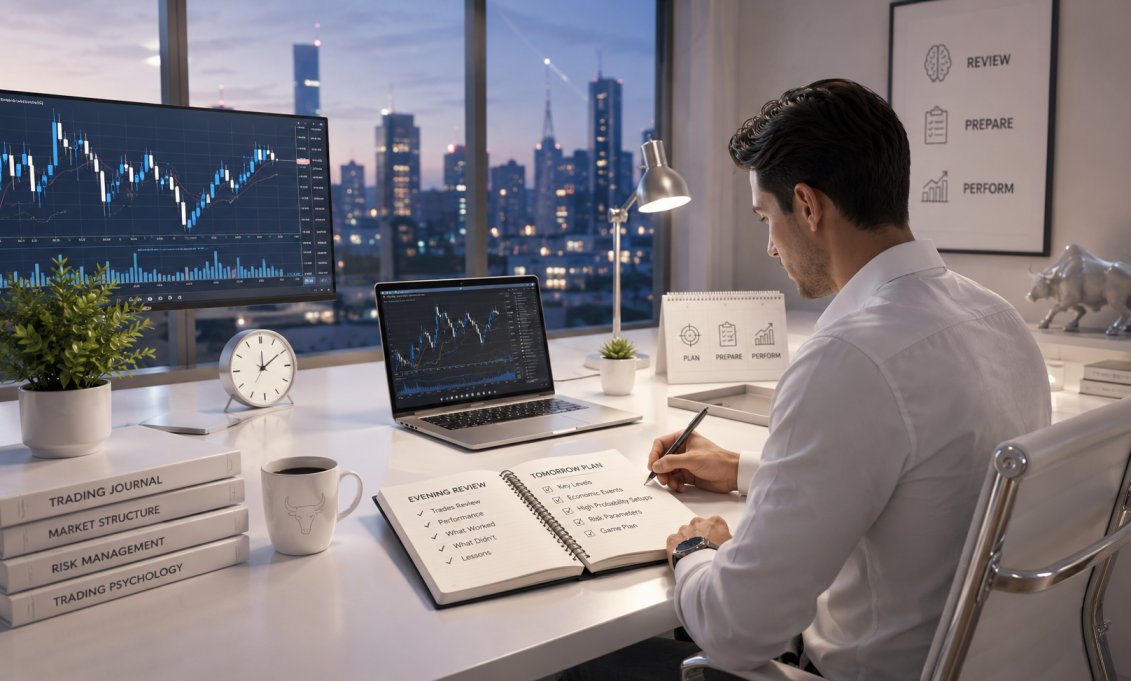 Trader reviewing trading journal and preparing evening market analysis for the next day