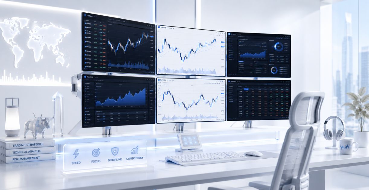 Professional forex scalping setup with multiple monitors