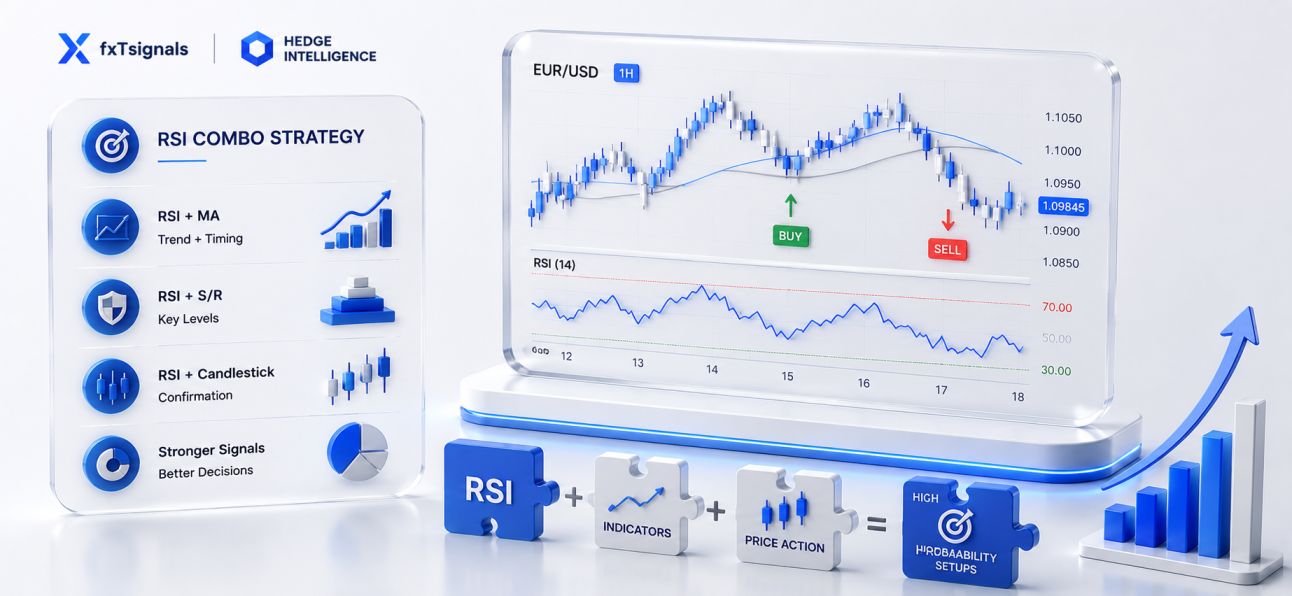 RSI combined with moving averages and support levels showing a multi-confluence trading strategy on a forex chart