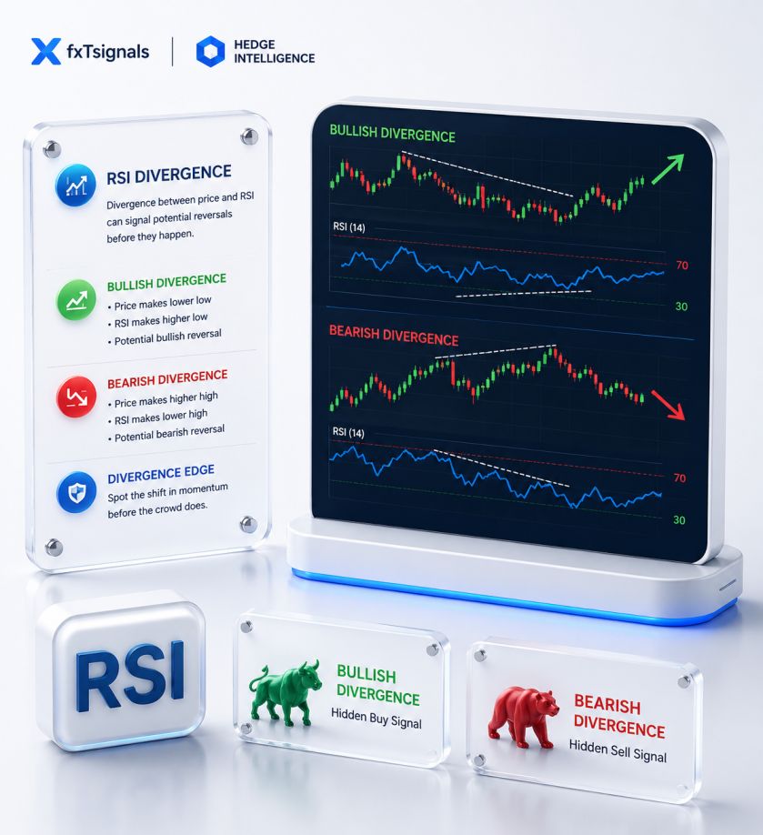 Bullish and bearish RSI divergence examples showing price making lower lows while RSI makes higher lows on a forex chart