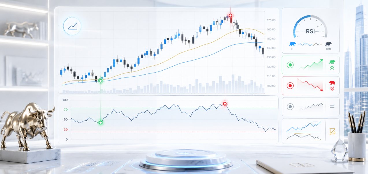 RSI indicator chart showing overbought and oversold zones in stock market and forex trading