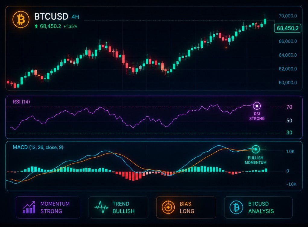 RSI and MACD indicators for BTCUSD trading — momentum and trend confirmation signals