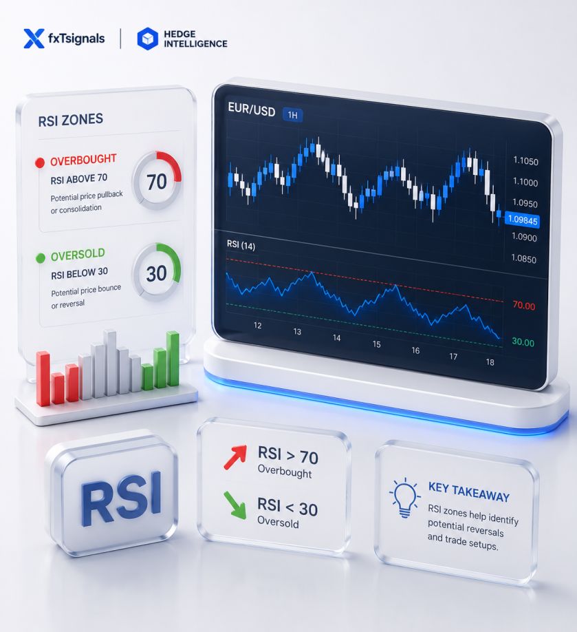 RSI overbought zone above 70 and oversold zone below 30 illustrated on a forex price chart
