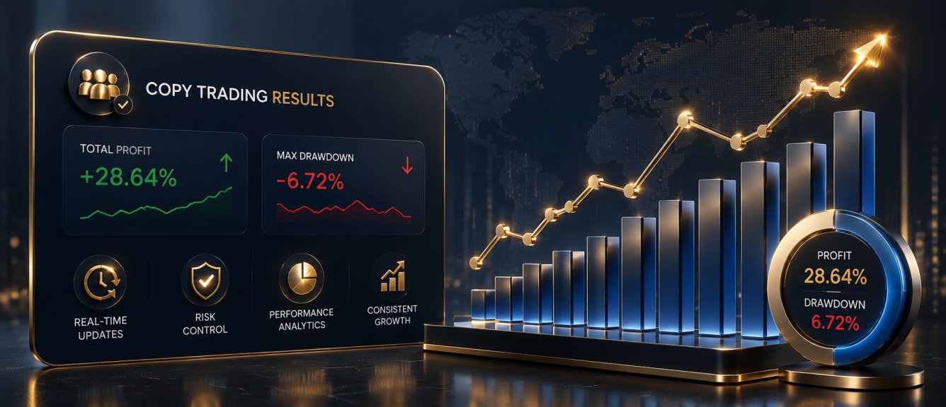 Real-time copy trading results dashboard showing profit and drawdown statistics