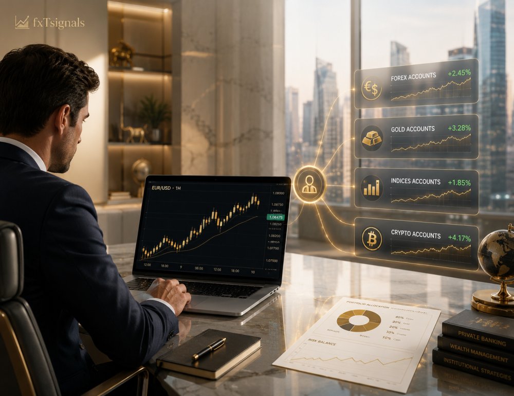 Forex investor reviewing copy trading portfolio gains on multiple screens