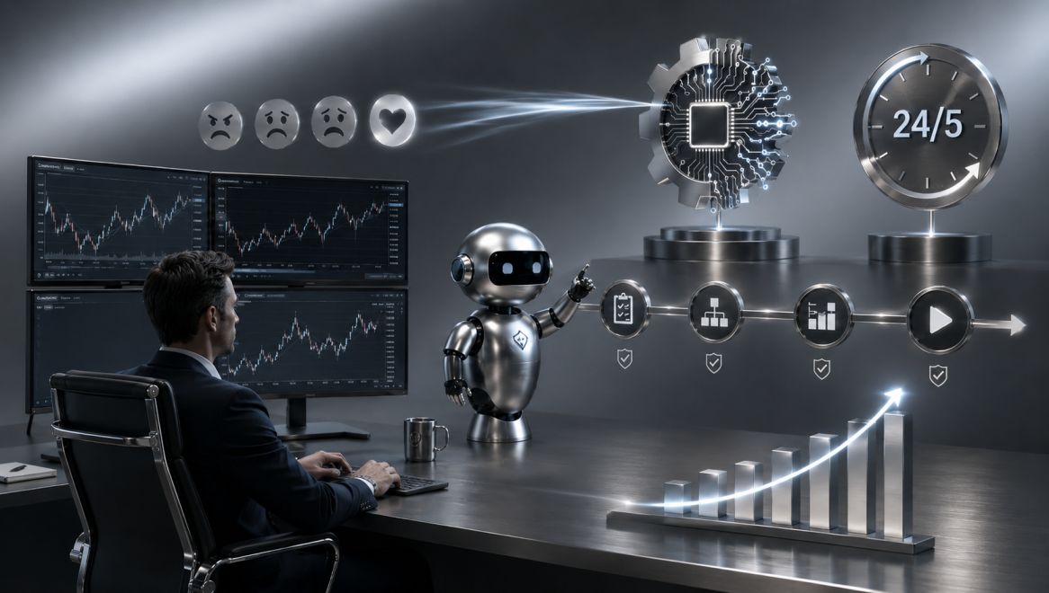 Forex trader monitoring an automated trading system