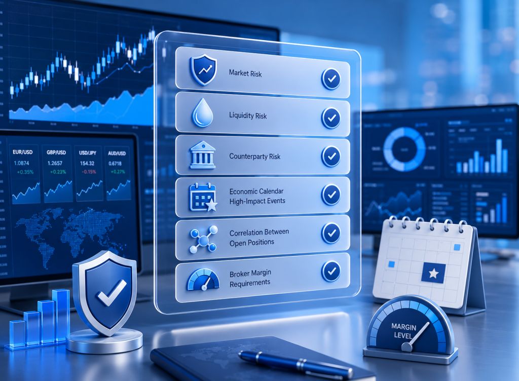 Risk identification checklist for forex trading with economic calendar and correlation matrix
