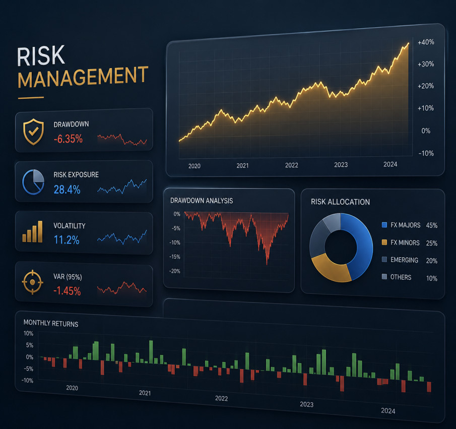 Risk assessment chart and forex market data analysis on trading screens