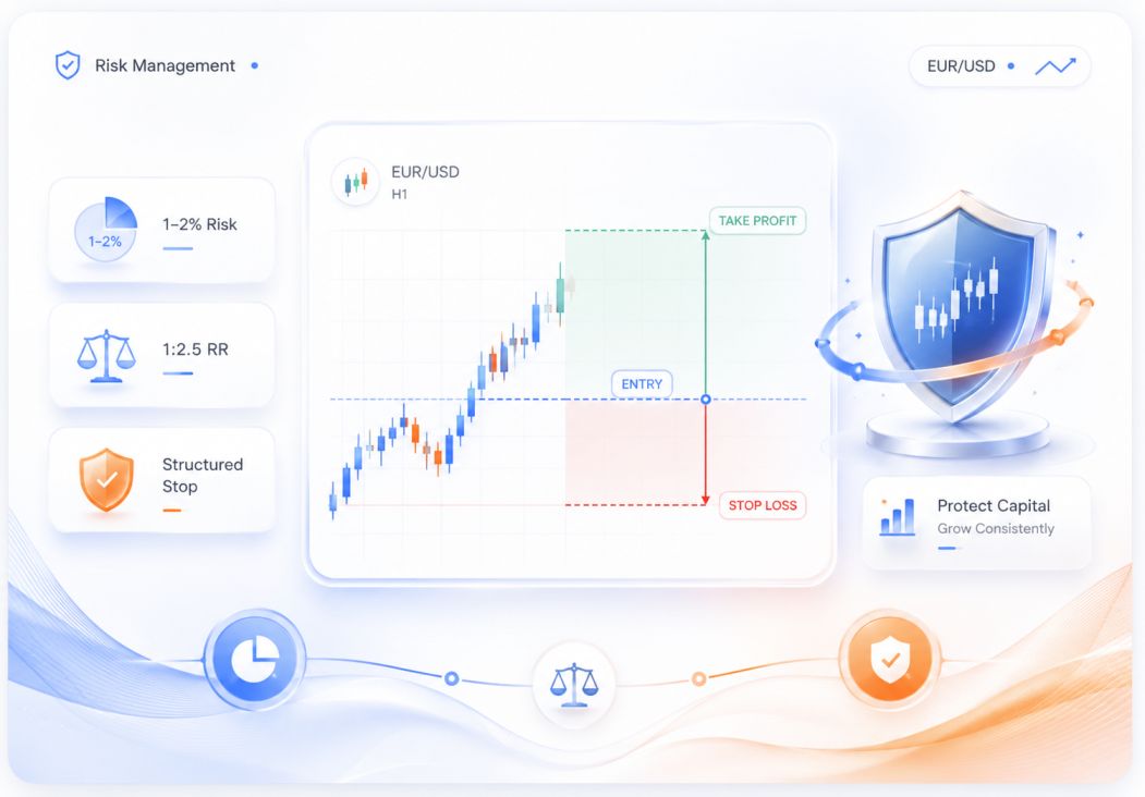 Risk management framework for forex swing trading showing position sizing and stop loss placement