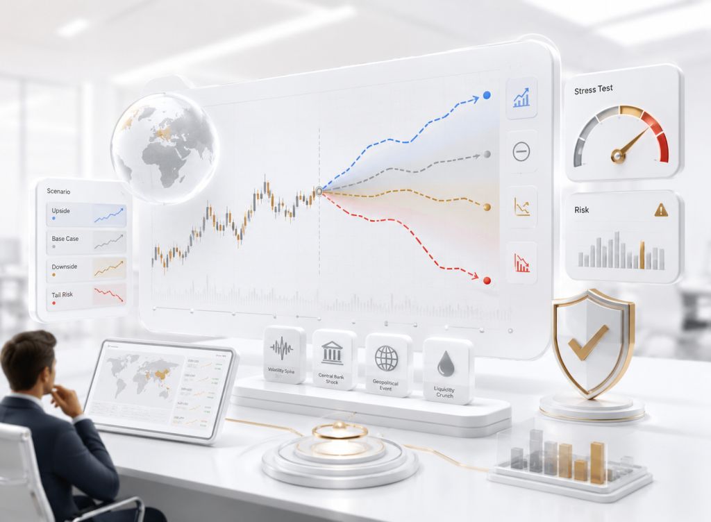 Scenario analysis and stress testing in forex trading showing extreme market event simulations