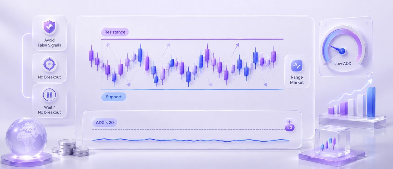Sideways consolidation market showing low ADX reading below 20 on a forex chart example
