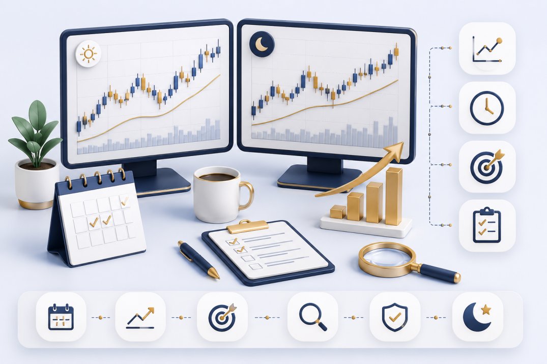 Swing trader reviewing daily and weekly charts for trend analysis in forex