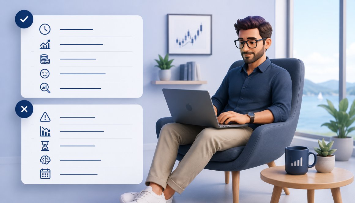 Swing trader working from laptop with relaxed lifestyle — swing trading forex