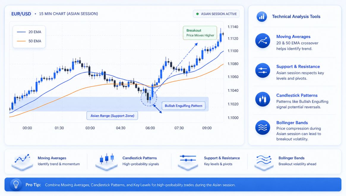 Technical analysis chart showing moving averages and candlestick patterns for Asian session forex trading