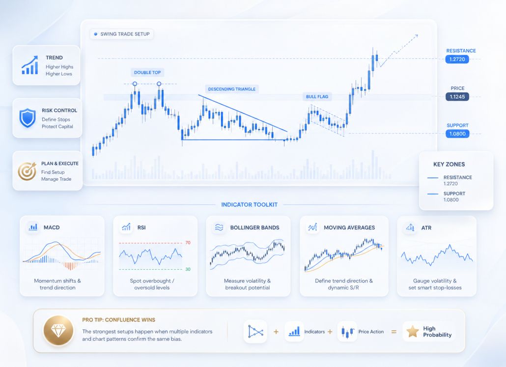 Technical analysis tools and indicators used in swing trading including MACD RSI and Bollinger Bands