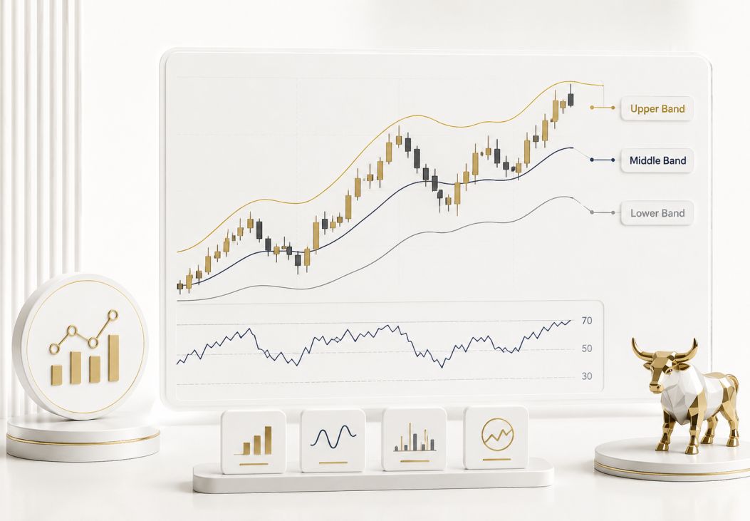 Technical Indicators RSI and Bollinger Bands on a Forex 4H Chart