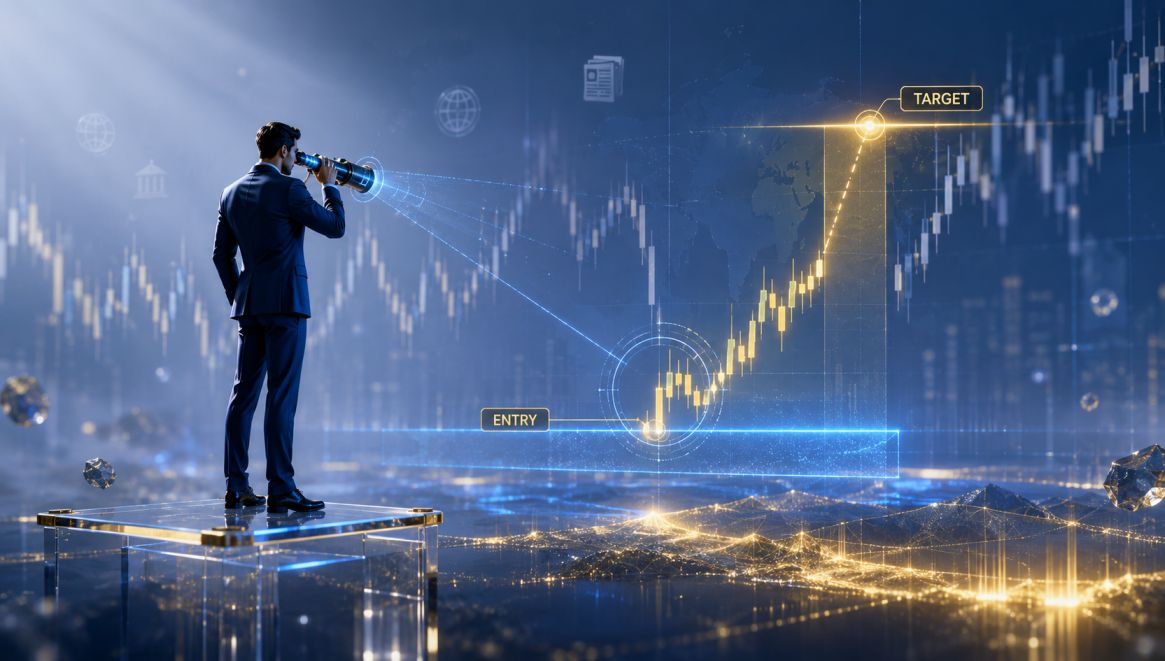 Multi-monitor professional trading setup with technical analysis charts and indicators