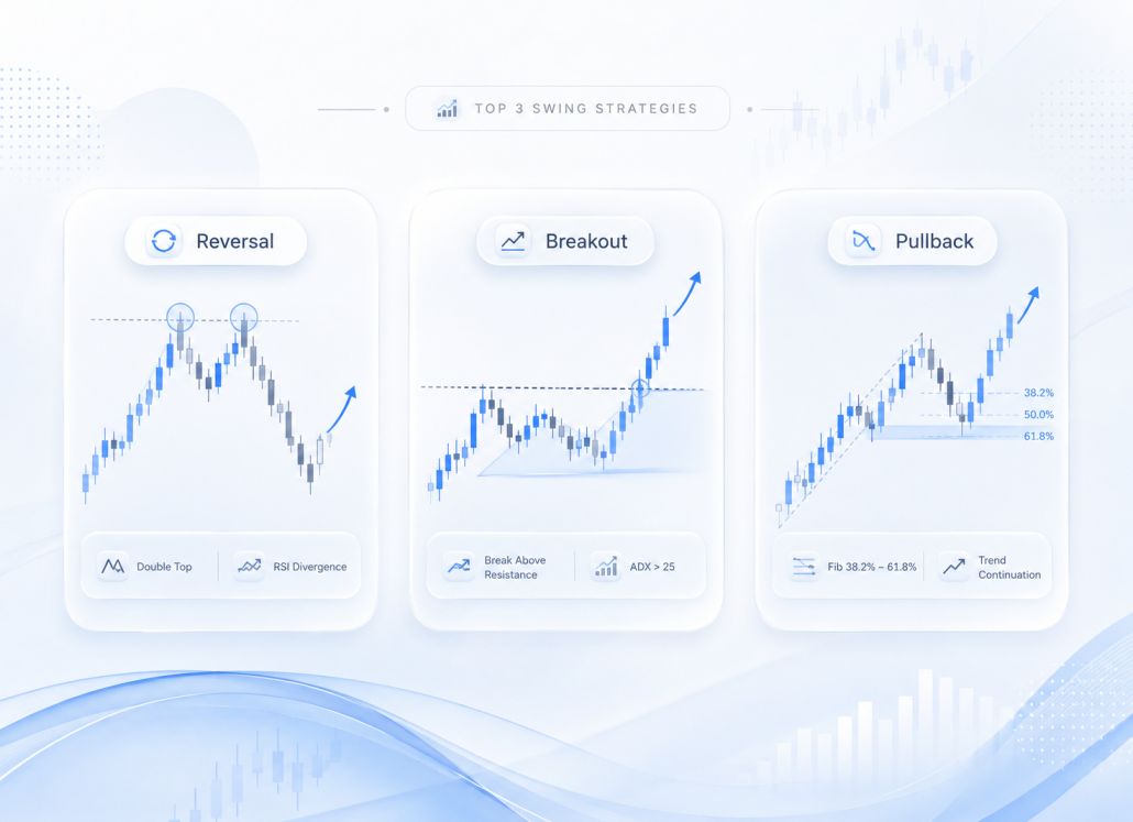 Top 3 fundamental swing trading strategies showing trend reversal breakout and pullback setups