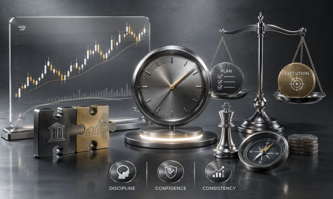 Forex trader executing a trade on a multi-monitor setup with technical analysis charts and economic calendar open