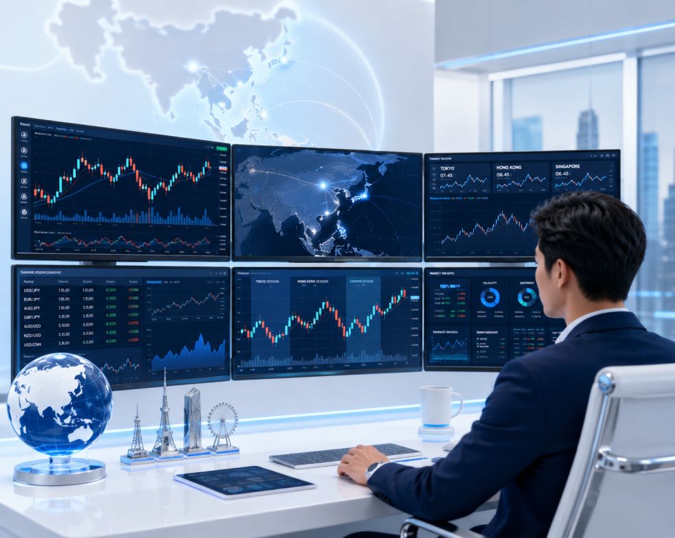 Professional trader analyzing Asian market trends on a multi-monitor trading setup