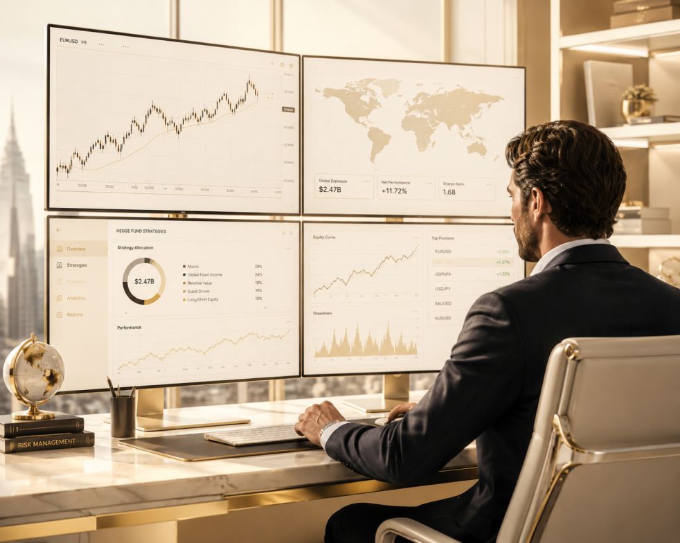 Trader analyzing hedge fund data on multiple screens