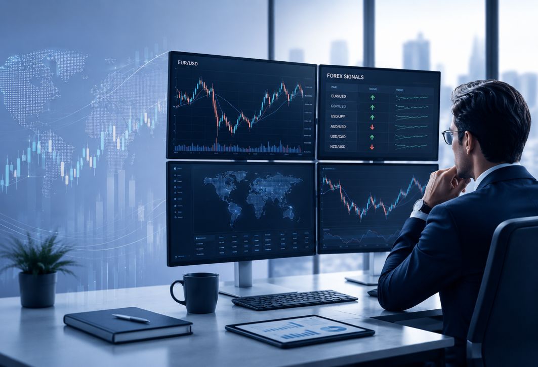 Professional trader analyzing forex charts and signals on multiple screens with technical indicators