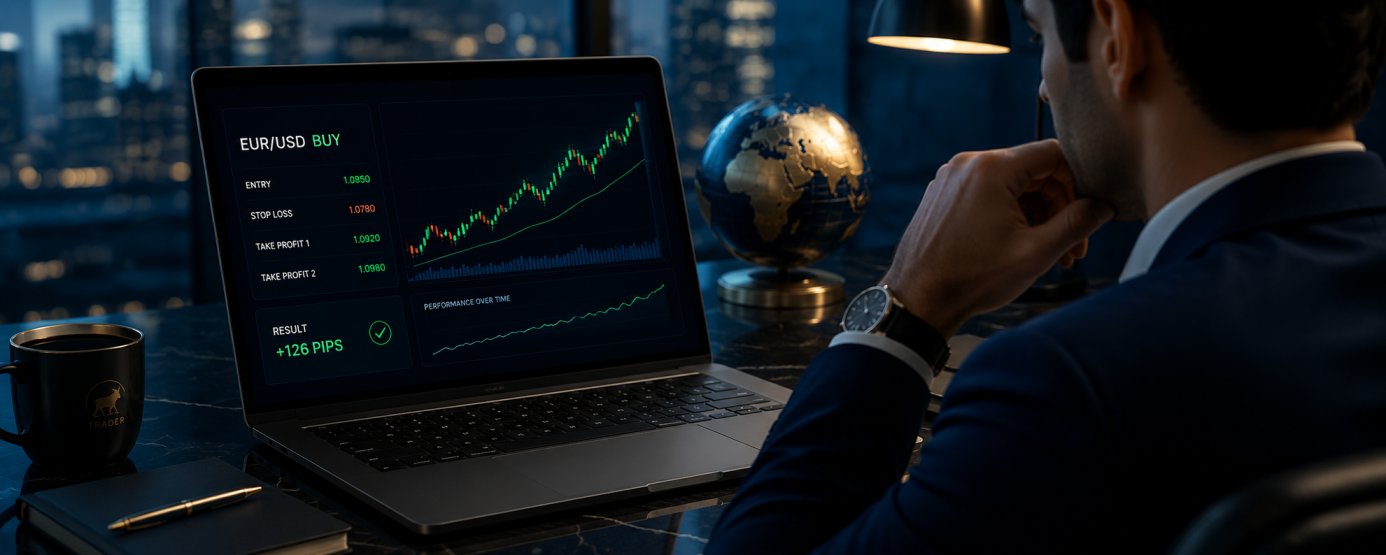 Trader reviewing forex signal results on laptop with performance chart showing profitable trades